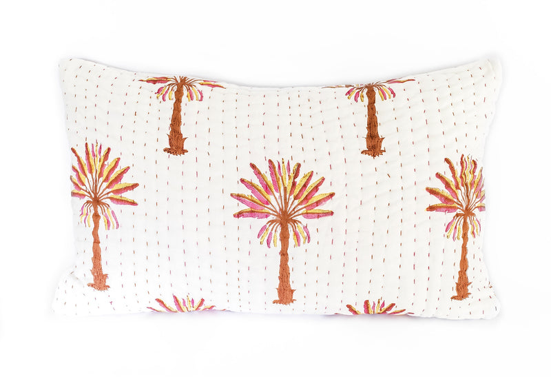Peachy Palm Kantha Pillow Cover