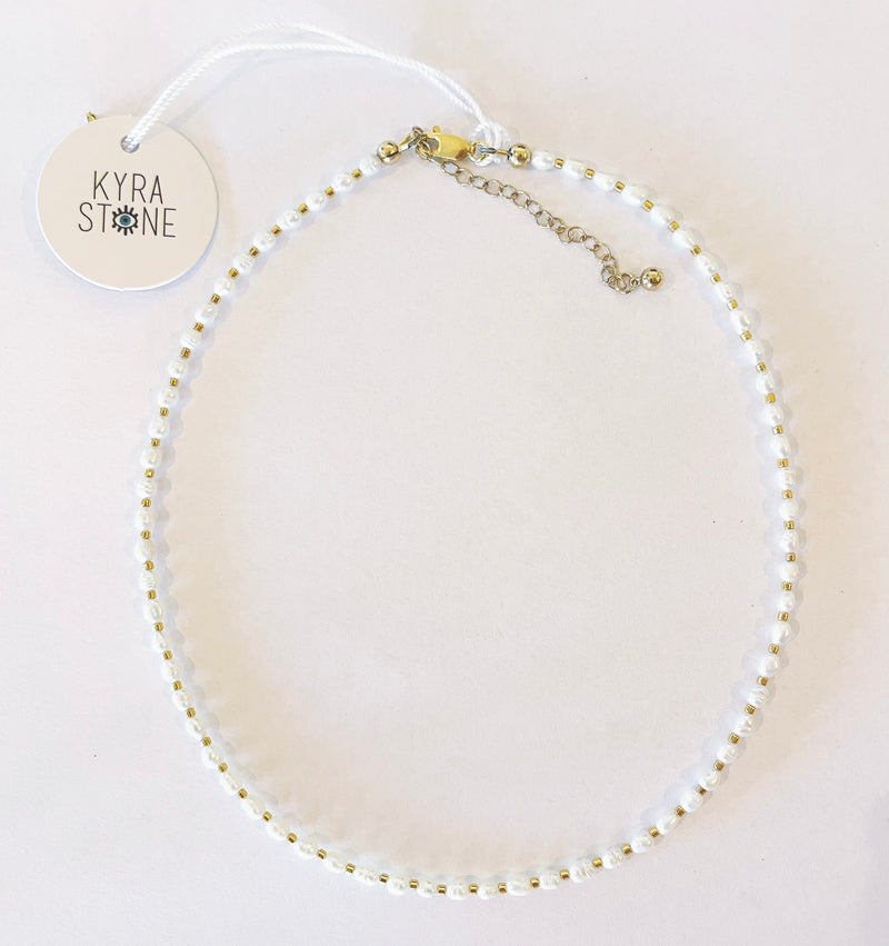 Kyra Stone- Small Pearl Necklace + 24k gold mini beads